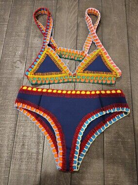 Kiini Navy Multicolor Crochet Trim Triangle Bikini Set Size Small